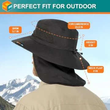 SUN CUBE Fishing Hat Sun Hat for Men, Women, Hiking Sun Hat with Neck Flap, Wide Brim, Chin Strap, Safari Summer Bucket Boonie Hat, UPF 50+ Outdoor Protection, Packable Breathable Mesh (Black)