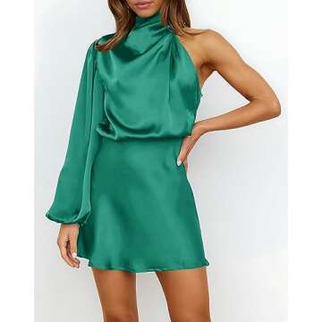 Ferlema Women's 2023 Sexy Satin Dress One Shoulder Elegant Long Sleeve Mock Neck Cocktail Party Mini...