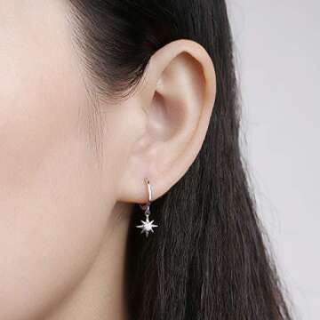 Small Huggie Hoop Earrings for Women, 925 Sterling Silver CZ North Star Charm Earrings (Silver)