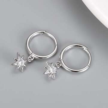 Small Huggie Hoop Earrings for Women, 925 Sterling Silver CZ North Star Charm Earrings (Silver)