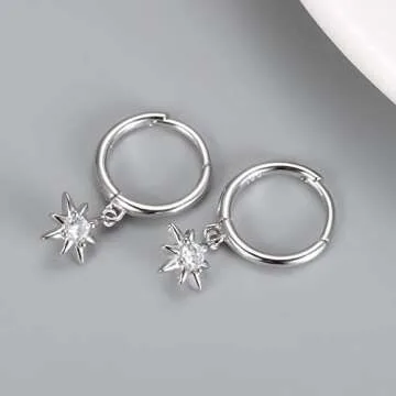 Small Huggie Hoop Earrings for Women, 925 Sterling Silver CZ North Star Charm Earrings (Silver)