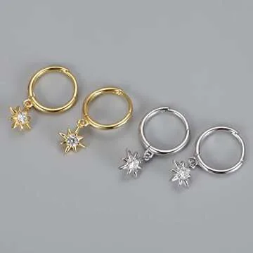 Small Huggie Hoop Earrings for Women, 925 Sterling Silver CZ North Star Charm Earrings (Silver)