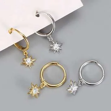 Small Huggie Hoop Earrings for Women, 925 Sterling Silver CZ North Star Charm Earrings (Silver)