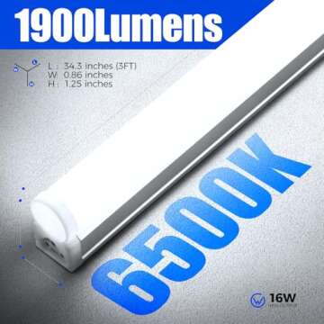 Barrina (Pack of 6 LED T5 Shop Light 3FT, 6500K (Super Bright White), Utility Shop Light, Ceiling and Under Cabinet Light, ETL Listed, Corded Electric with Built-in ON/Off Switch