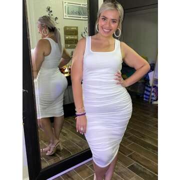 BEAGIMEG Women's Sexy Ruched Bodycon Casual Solid Sleeveless Tank Midi Dress White