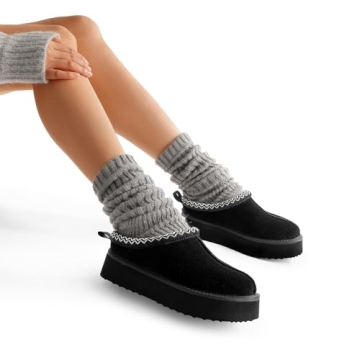 DREAM PAIRS Women's Slippers for Women Genuine Suede Platform Cozy FuzzyEasy Women's Platform Slip-on Slippers Winter Fluffy Warm Comfy Furry Shoes for Outdoor Indoor House,Size 8,Black,SDSL2413W