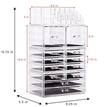 Sorbus Large Makeup Organizer - Clear Stackable Jewelry Makeup Organizer for Vanity, Bathroom Storage Display Case - 12 Drawers Cosmetic Beauty Organizers and Storage with Lipstick Makeup Brush Holder