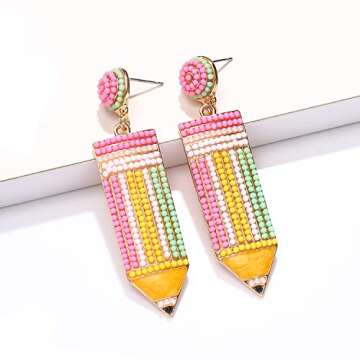 Teacher Earrings Beaded Pencil Earrings for Women Handmade Beaded Dangle Drop Earrings Back To School Teacher Appreciation Gift (Colorful)