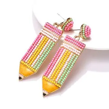 Teacher Earrings Beaded Pencil Earrings for Women Handmade Beaded Dangle Drop Earrings Back To School Teacher Appreciation Gift (Colorful)