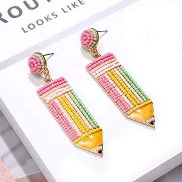 Teacher Earrings Beaded Pencil Earrings for Women Handmade Beaded Dangle Drop Earrings Back To School Teacher Appreciation Gift (Colorful)