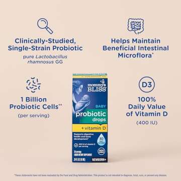 Mommy's Bliss Baby Probiotic Drops + Vitamin D, Supports Digestive Health and Immunity, 400IU Vitamin D for Healthy Bone Development, Newborns +, Flavorless, 0.34 Fl Oz (30 Servings)