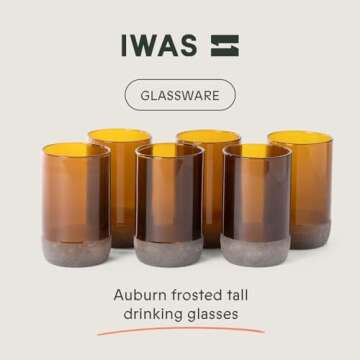 IWAS Upcycled Tall Auburn Drinking Glasses | 350 ML | 12 OZ | Set of 6 | Sustainable Water and Juice...