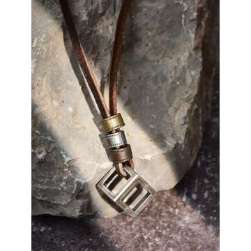 HAQUIL Boho Necklace, Antique Geometric Hollow Cube Pendant, Leather Cord, Vintage Bohemian Jewelry ...