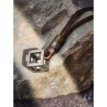 HAQUIL Boho Necklace, Antique Geometric Hollow Cube Pendant, Leather Cord, Vintage Bohemian Jewelry Gift for Men and Women