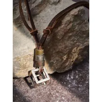HAQUIL Boho Necklace, Antique Geometric Hollow Cube Pendant, Leather Cord, Vintage Bohemian Jewelry Gift for Men and Women