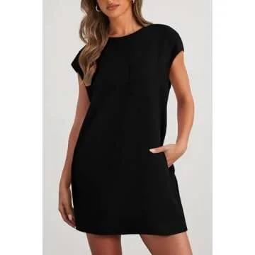 PRETTYGARDEN Women's Summer Short T Shirt Dress Cap Sleeve Crew Neck Casual Loose Basic Mini Dresses (Black,Large)