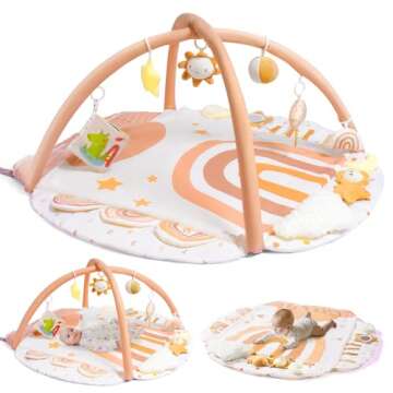 Baby Gym Play Mat, Tummy Time Mat & Pillow, Stage-Based 4 Zone Sensory & Motor Skills Development, A...
