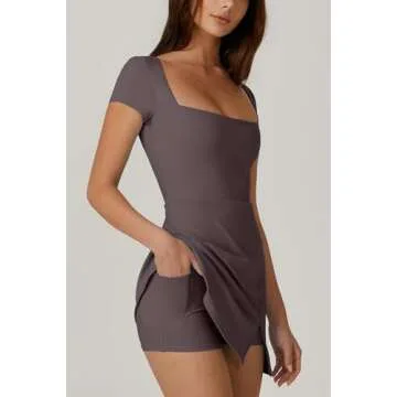 QINSEN Womens Square Neck Athletic Dress Short Sleeve Side Slit Flare Tennis Golf Mini Dresses Tea Leaf M
