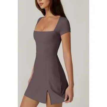 QINSEN Womens Square Neck Athletic Dress Short Sleeve Side Slit Flare Tennis Golf Mini Dresses Tea Leaf M