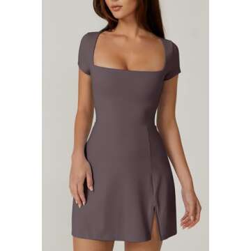 QINSEN Womens Square Neck Athletic Dress Short Sleeve Side Slit Flare Tennis Golf Mini Dresses Tea Leaf M