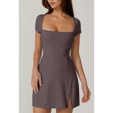 QINSEN Womens Square Neck Athletic Dress Short Sleeve Side Slit Flare Tennis Golf Mini Dresses Tea Leaf M