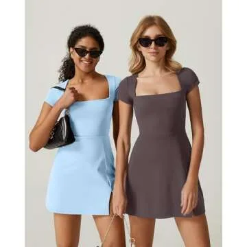 QINSEN Womens Square Neck Athletic Dress Short Sleeve Side Slit Flare Tennis Golf Mini Dresses Tea Leaf M