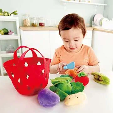 Hape Toddler Vegetable Basket |Soft Vegetable Shopping Basket, Toy Grocery Food Playset Includes Cabbage, Bean Pod, Carrot, and More