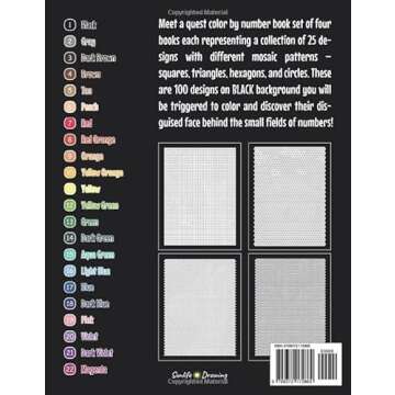 100 QUEST Color By Number: Squares + Triangles + Hexagons + Circles (BLACK backgrounds): color quest activity book for adults