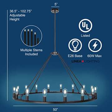 Black Wagon Wheel Chandelier - Modern Farmhouse Round Rustic Kitchen Lighting - Large Chandeliers for High Ceilings - 50" 16 Light Hanging Fixture