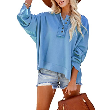 Dokotoo Womens Hoodie Casual V Neck Sweatshirt Long Sleeve Loose Button Down Ribbed Knit Hoodies Top...