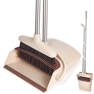 XXFLOWER Broom and Dustpan Set with Long Handle, Light Weight Stainless Steel Poles Stand Upright Du...