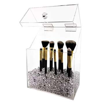 Makeup Brush Holder with Lid: Large Size, Dustproof, with Diamond Beads (Clear)