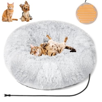 Evjeal Heated Cat Bed for Indoor Cats - Fluffy 23 Inch Donut Pet Bed with Removable Heating Pad for ...