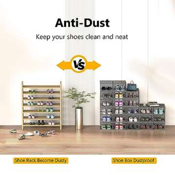 12 Pack X Large Shoe Organizer Storage Boxes for Closet, Modular Space Saving Shoe Boxes Clear Plastic Stackable Sneaker Containers Display Case with Lids, Black