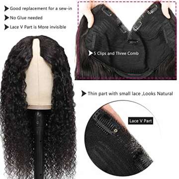 Curly V Part Wig - No Glue Needed, 18 Inch Human Hair