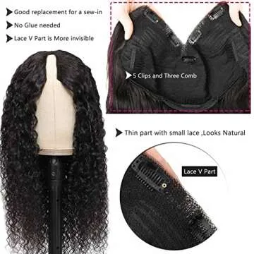 Curly V Part Wig - No Glue Needed, 18 Inch Human Hair