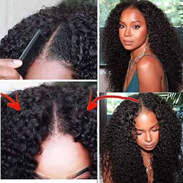 Curly V Part Wig - No Glue Needed, 18 Inch Human Hair