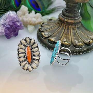 Fuqimanman2020 Western Turquoise Flower Lightning Bolt Adjustable Ring Natural Green Stone Thunder Flash for Women Cowgirls Punk Party Statement Jewelry-White