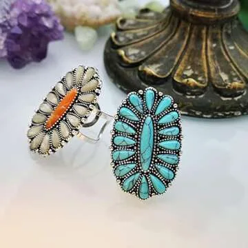 Fuqimanman2020 Western Turquoise Flower Lightning Bolt Adjustable Ring Natural Green Stone Thunder Flash for Women Cowgirls Punk Party Statement Jewelry-White