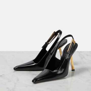 THESHY Women's Slingback Stiletto High Heels Square Toe Metal Buckle Pumps Backless Patent Leather F...