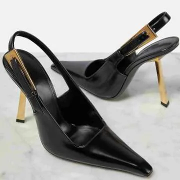 THESHY Women's Slingback Stiletto High Heels Square Toe Metal Buckle Pumps Backless Patent Leather Fashion Dress Shoes for Women Black