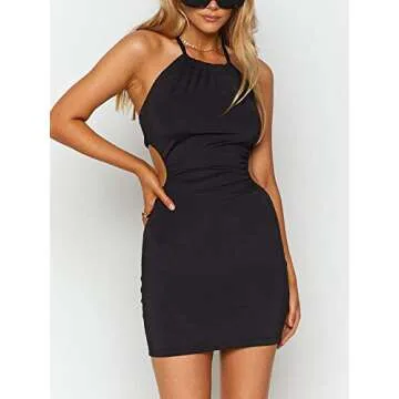 Just Quella Women Sexy Clubwear Backless Party Dresses Spaghetti Strap Bodycon Mini Dress (S, Mini Dress Black)