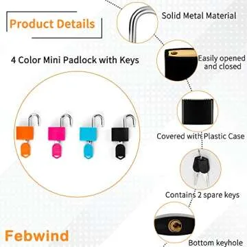 4 Pcs Suitcase Locks with Keys Multicolor Mini Keyed Padlock Febwind Metal Padlock Luggage Padlocks Plastic-Covered Copper Keyed Padlock for Suitcase, Backpack, Boxes, Laptop Bag