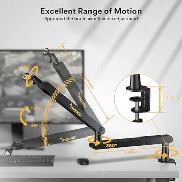 MAONO Microphone Arm, Mic Boom Arm with Cable Management Channels, Desk Clamp, Versatile Mounting, and Fully Adjustable, Heavy Duty Microphone Stand for Podcast (Low Profile (BA92 Black))