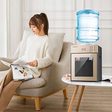 SNKOURIN Top Loading Water Dispenser,3 in 1 Chiller Dispenser Mini Water Machine Desktop Automatic Drinking,3 to 5 Gallon Water Cooler Dispenser for Home Office Coffee Tea Bar Dorm,Champagne Gold