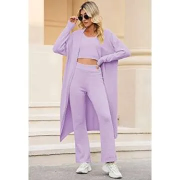 Linsery Women Cozy 3 Piece Lounge Sets Fuzzy Crop Vest Wide Leg Pants Sherpa Pajamas Fuzzy Three Piece Outfits Purple S