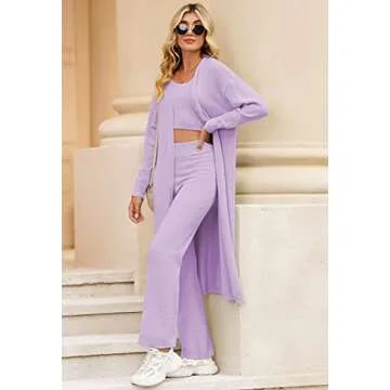 Linsery Women Cozy 3 Piece Lounge Sets Fuzzy Crop Vest Wide Leg Pants Sherpa Pajamas Fuzzy Three Piece Outfits Purple S