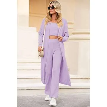 Linsery Women Cozy 3 Piece Lounge Sets Fuzzy Crop Vest Wide Leg Pants Sherpa Pajamas Fuzzy Three Piece Outfits Purple S