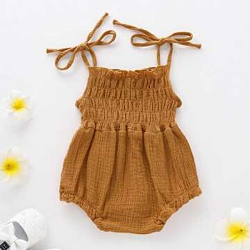 Baby Girl Linen Boho Romper Playsuit Muslin Overall Mustard Bubble Jumpsuit Infant Bohemian Vintage Outfit (Yellow, 6-12 Months)