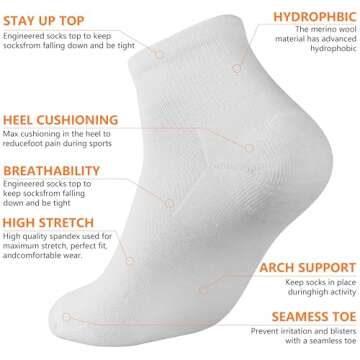 RTZAT 90% Merino Wool Ankle Men's Women's Athletic Business Casual Running Moisture Wicking Everyday Thin Wool Socks, Medium, White, 3 Pairs